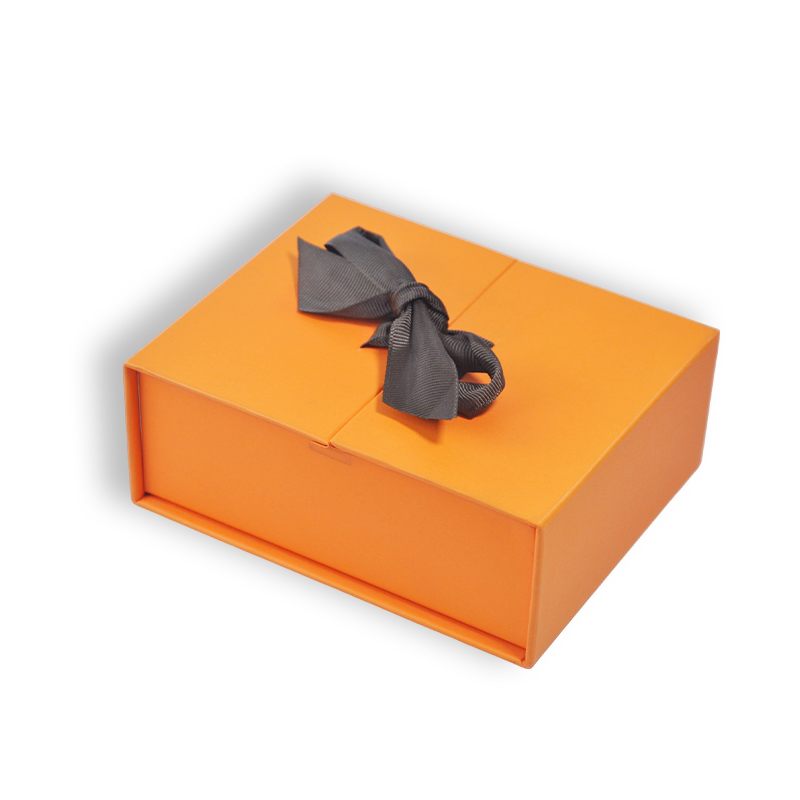 Custom Luxury Orange Double Door Rigid Gift Box with Ribbon