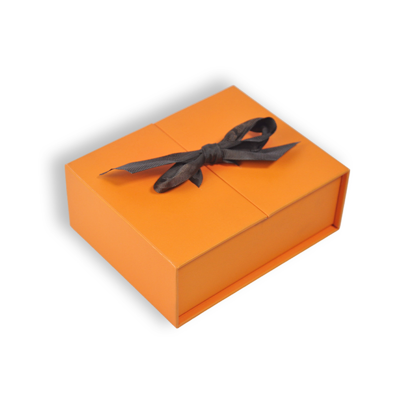 Custom Luxury Orange Double Door Rigid Gift Box with Ribbon